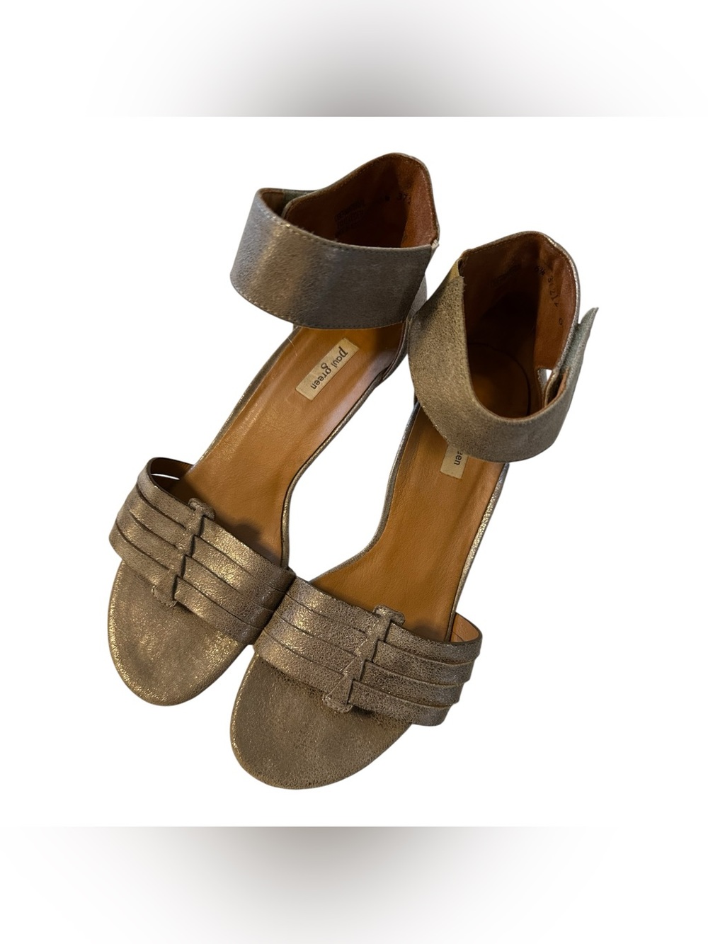 Paul Green Coco Smoke Metallic Leather Taupe Ankle-Strap Sandal Wooden Heel Sz 8 - Picture 3 of 10